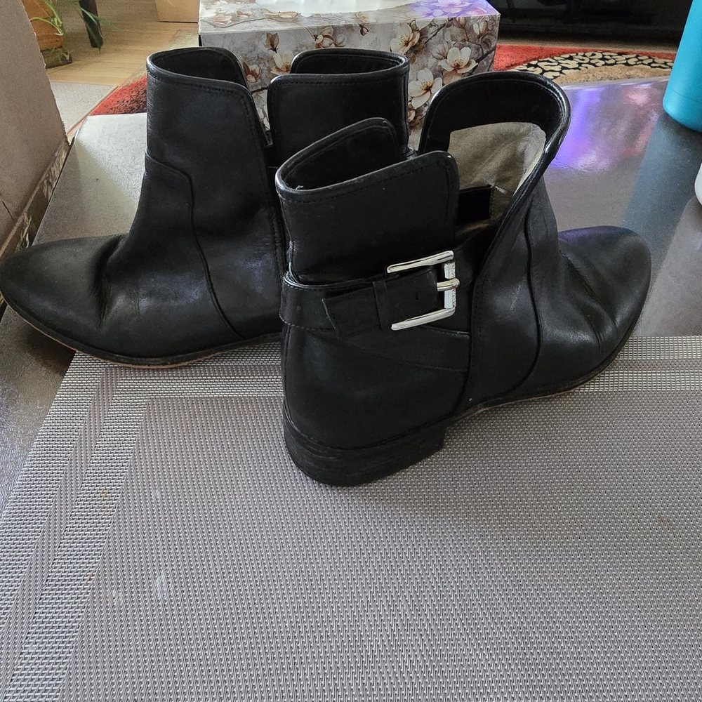 Michael Kors Black Leather Ankle Booties with Buckle Accent